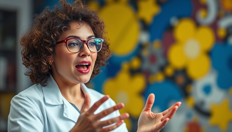 Woman in lab coat discussing hormone balance, vibrant abstract background.