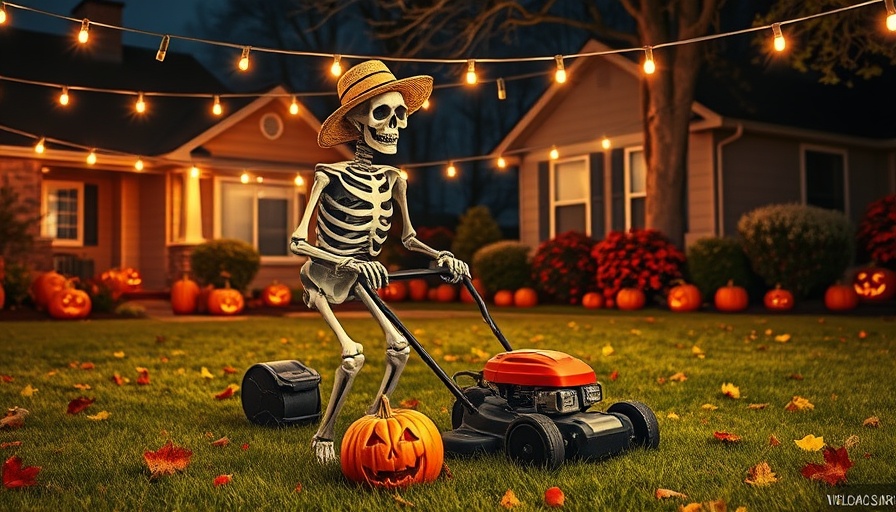 Humorous skeleton mowing lawn for Creepy Outdoor Halloween Decor Ideas.