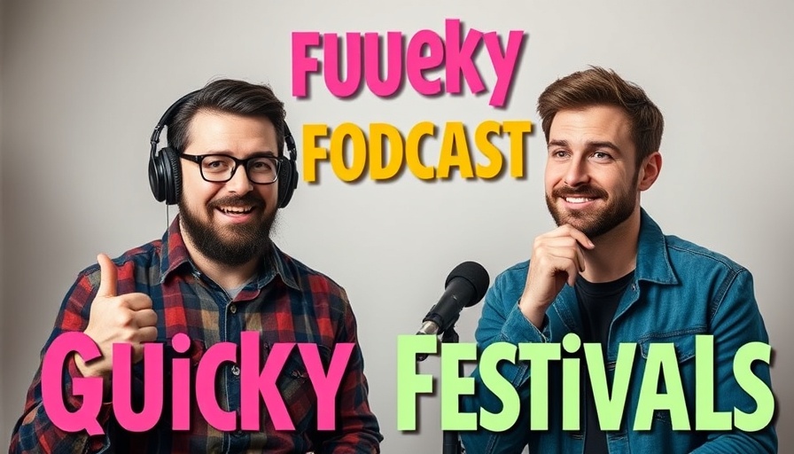 Podcast cover discussing quirky festivals featuring two engaging hosts.
