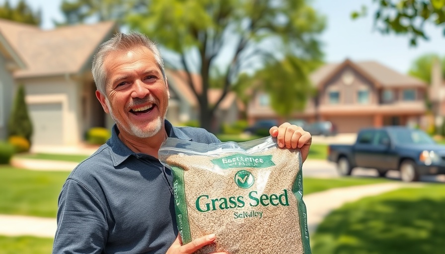Middle-aged man showing grass seed bag for growing lawn.