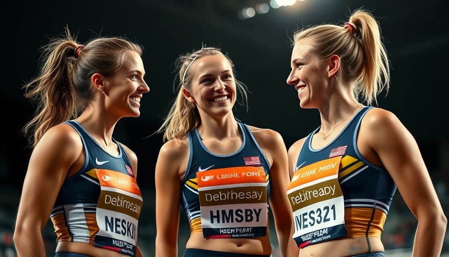 Athletes celebrating Mixed Relay Gold Medal in Track with joyful expressions.