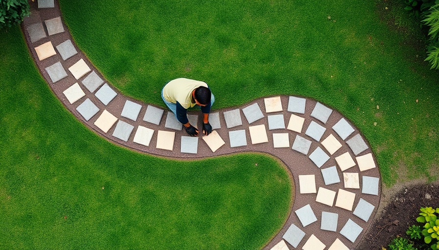 Curved DIY garden path construction with stones, aerial view.