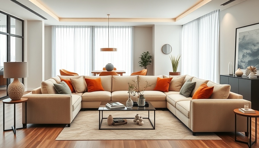 Elegant living room with beige sofa, vibrant pillows, modern design ideas.