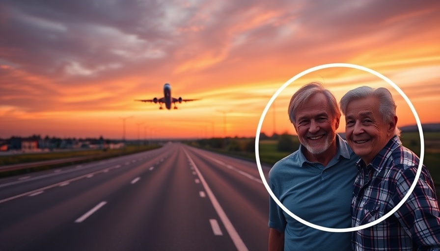 Serene sunset highway scene with plane taking off, and smiling elderly couple.