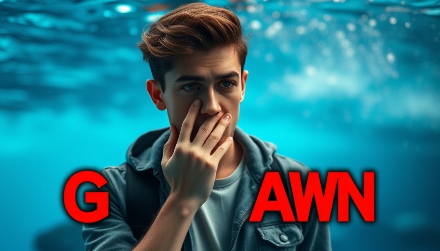 Disbelieving young man with underwater theme background, text overlay.