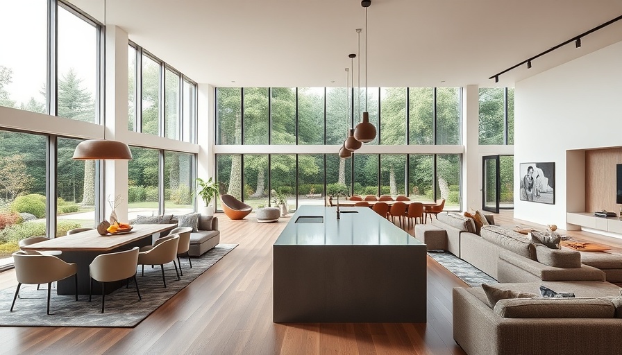 Luxury living room, dining, kitchen combination with modern design and large windows.