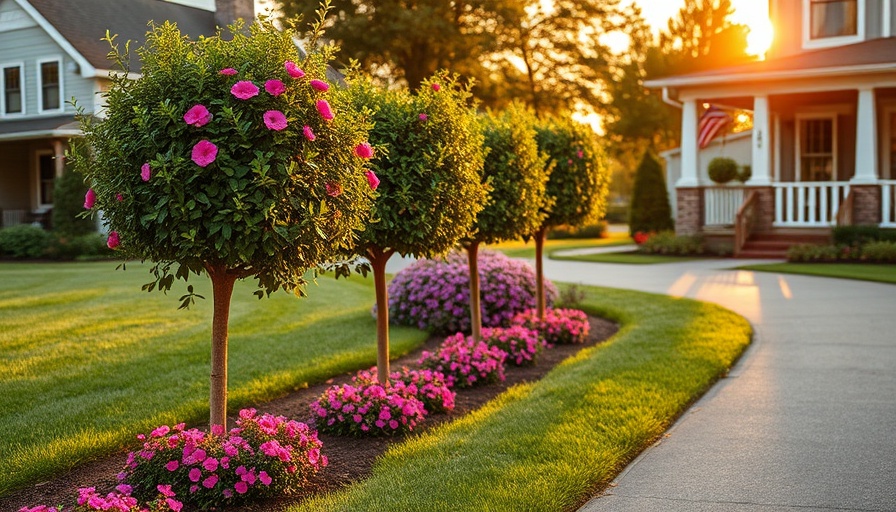 Safe small trees planted along driveway with vibrant flowers.