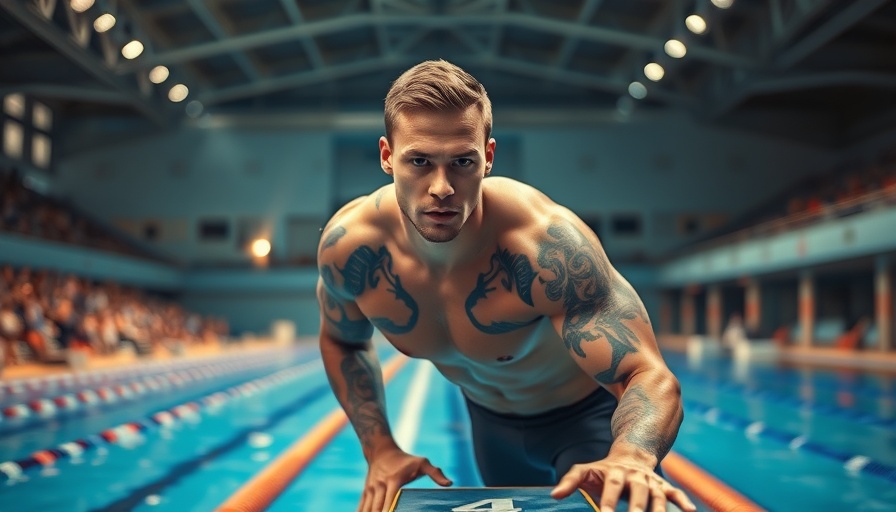 Muscular swimmer with tattoos, focused at diving block, indoor pool setting.