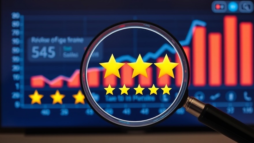 Magnifying glass over glowing 5-star reviews, showcasing modern sales growth.