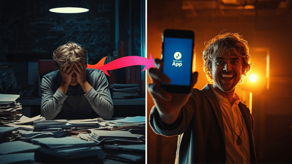Before-and-after split: left side frustrated person at desk with papers, right side excited creator sharing app link on phone, energetic transition arrow.