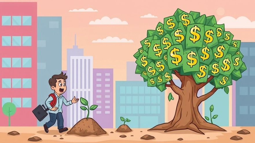 Vibrant cartoon of a small business owner planting a seed that grows into a money tree.