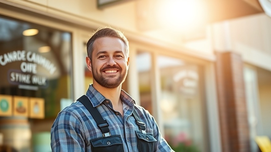 Friendly business owner proudly standing in front of a welcoming storefront.