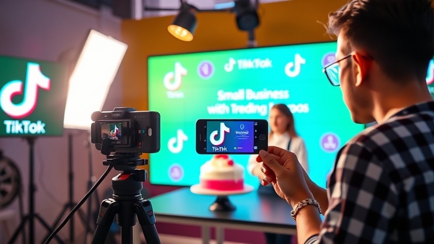 A small business owner films a TikTok video, showcasing cake in vibrant setup.