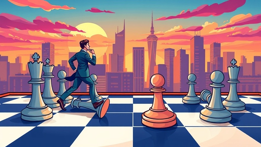 Vibrant chessboard illustration symbolizing strategic thinking with business owner and skyline.
