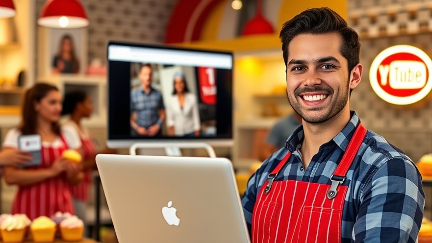 Smiling baker with laptop showing top YouTube video in vibrant bakery.