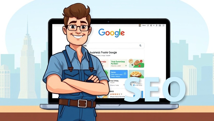 Small business owner proudly showcasing local SEO success on laptop with city skyline.