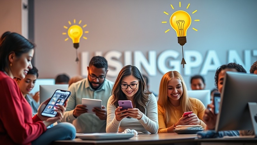 Diverse people engaged in storytelling with brand content on devices, symbolizing inspiration.
