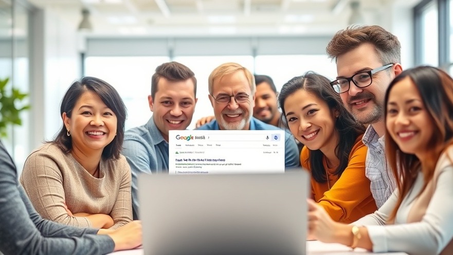 Diverse small business owners celebrating high Google rankings on laptop in bright office.