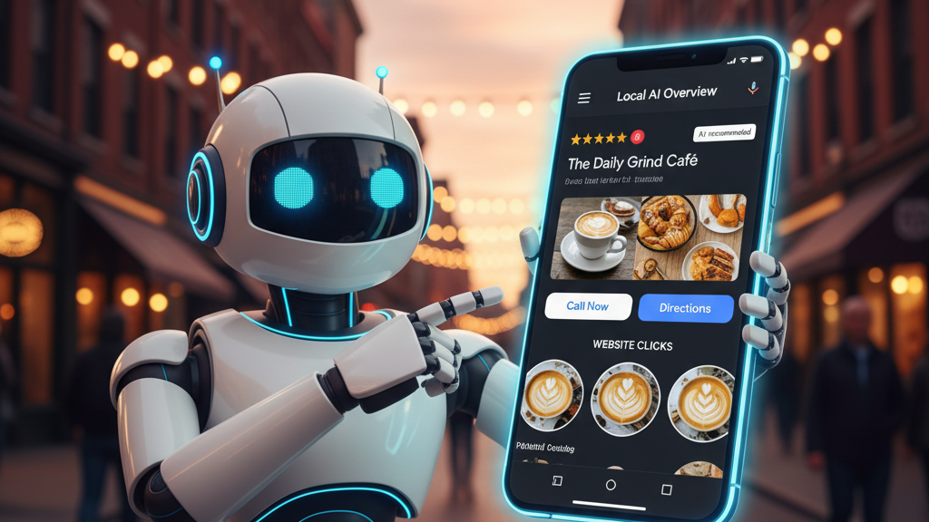 A dynamic, friendly cartoon robot (representing AI) pointing to a glowing smartphone displaying a Google Business Profile listing, with a blurred background of a busy city street.
