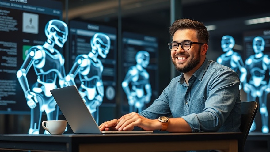 Smiling marketer at desk with AI robots efficiently handling tasks