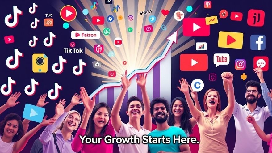 A dynamic collage of TikTok, Instagram Reels, and YouTube Shorts icons bursting with colorful energy, showing a graph of rising leads and happy customers reaching out, with the caption: “Your Growth Starts Here.”