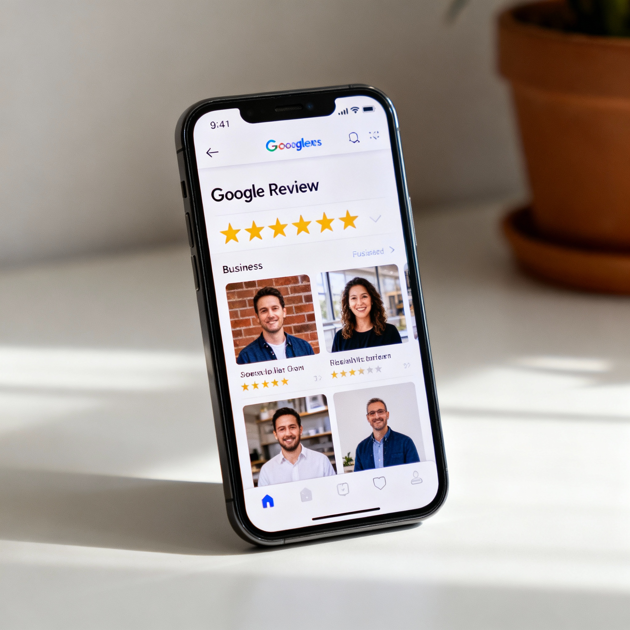 A smartphone shows a business’s Google review page loaded with five-star ratings and customer photos