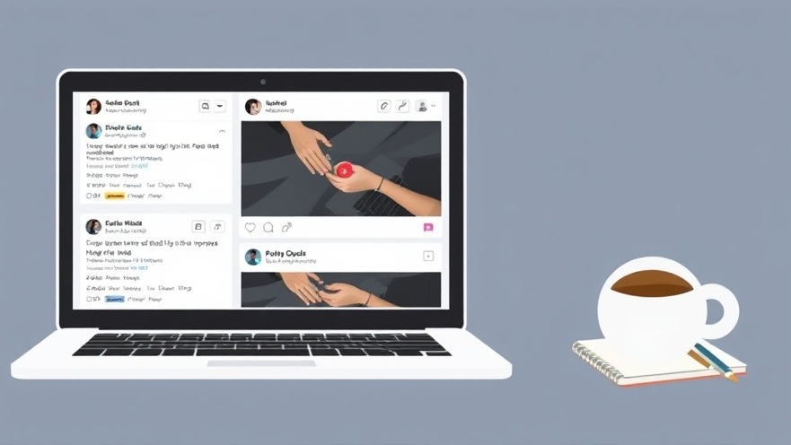 Modern laptop displaying social media posts with a coffee cup beside it.