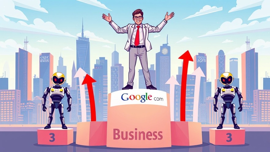 Triumphant business owner on search podium with AI robots in futuristic city.