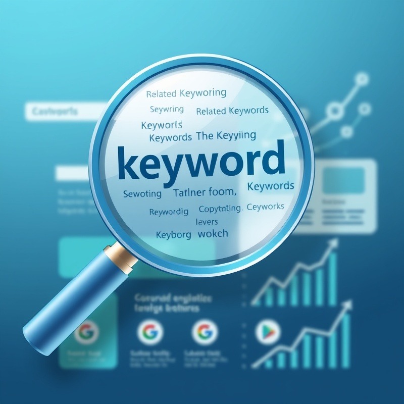 A visually appealing infographic showing a large magnifying glass hovering over a website layout. Inside the magnifying glass, highlight multiple related keywords in different fonts and sizes, branching out from a central, larger keyword. Use a color scheme of blue and green to represent growth and visibility. Include small icons of search engine logos and upward-trending graphs in the background to suggest improved rankings.