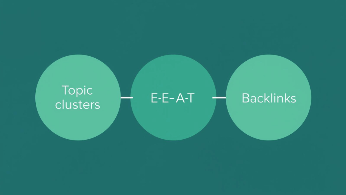 Infographic of topic clusters highlighting E-E-A-T and backlinks in a green palette.