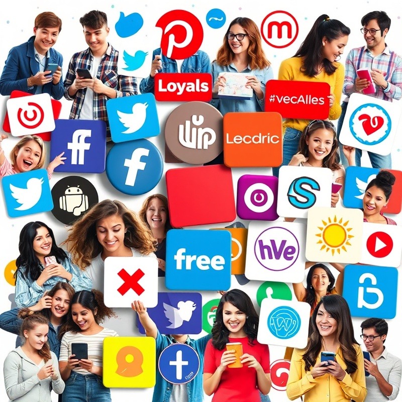 "A vibrant collage showcasing loyal customers interacting with various popular brand logos. The image includes people of diverse ages and backgrounds, smiling and engaging with products, while brand symbols float around them. The background subtly incorporates elements of social media and customer service, highlighting the multi-faceted nature of brand loyalty."