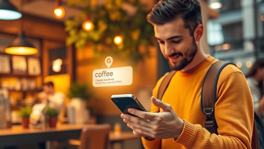 Customer discovering a local coffee shop on their phone with glowing Google results.