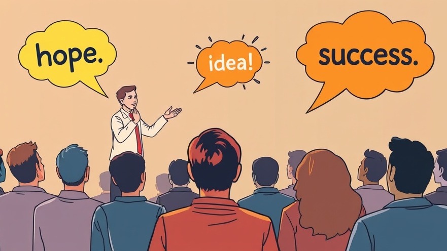 Person presenting ideas to engaged audience with colorful speech bubbles of hope and success.