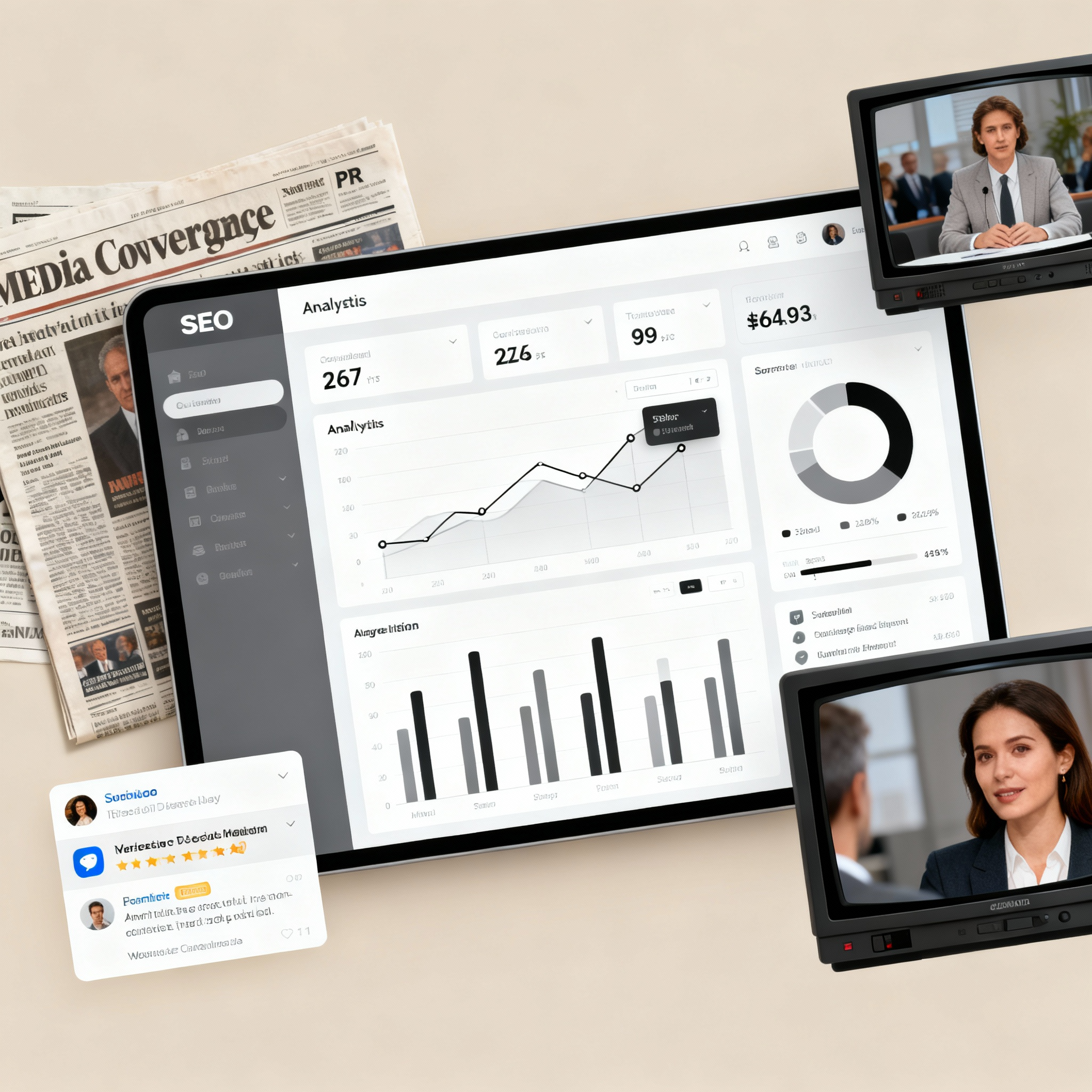 SEO analytics dashboard blended with media coverage images symbolizing PR + SEO