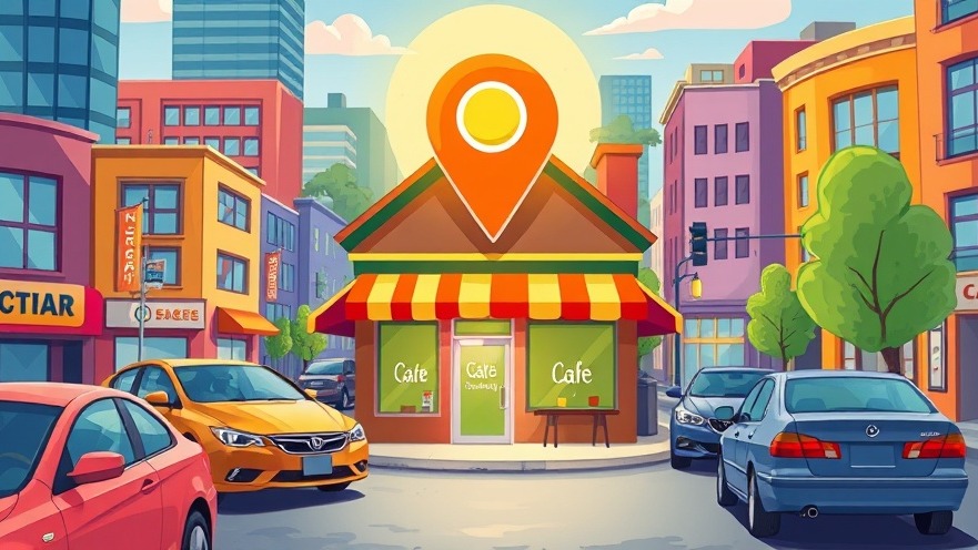 Colorful illustration of a café with a Google Maps pin, showcasing Google Map SEO impact.
