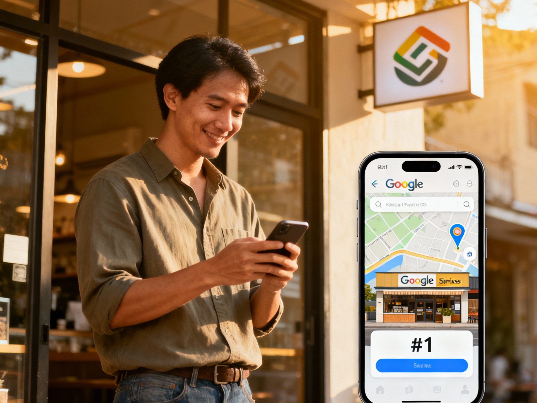A confident local business owner standing outside their store looking at a smartphone screen showing their business ranked #1 on Google Maps.