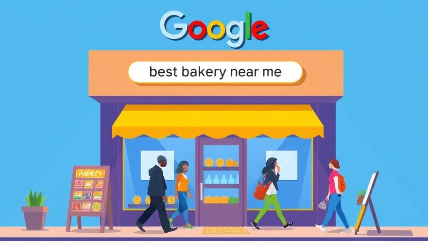 Vibrant illustration of a bakery with a glowing Google search bar for local SEO visibility.