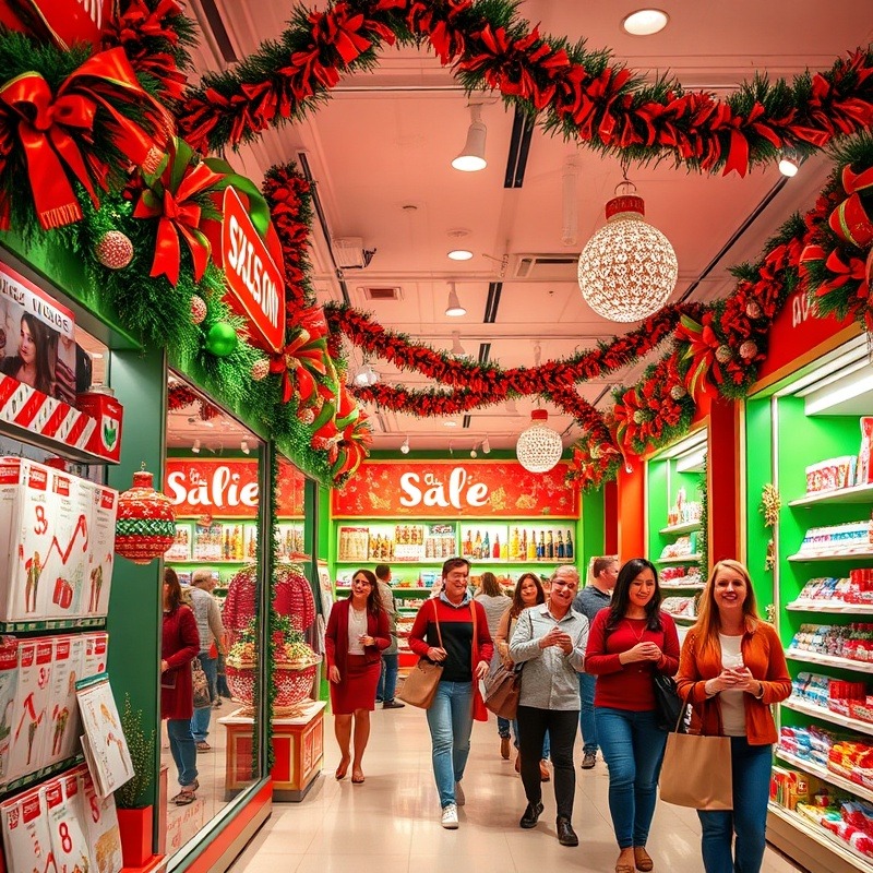 A vibrant, festive collage showcasing diverse businesses (retail, services, online) with holiday-themed graphics, sales charts trending upward, and happy customers shopping.