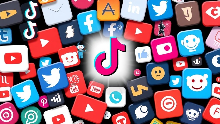 Dynamic collage of social media icons with a brand logo in bold colors