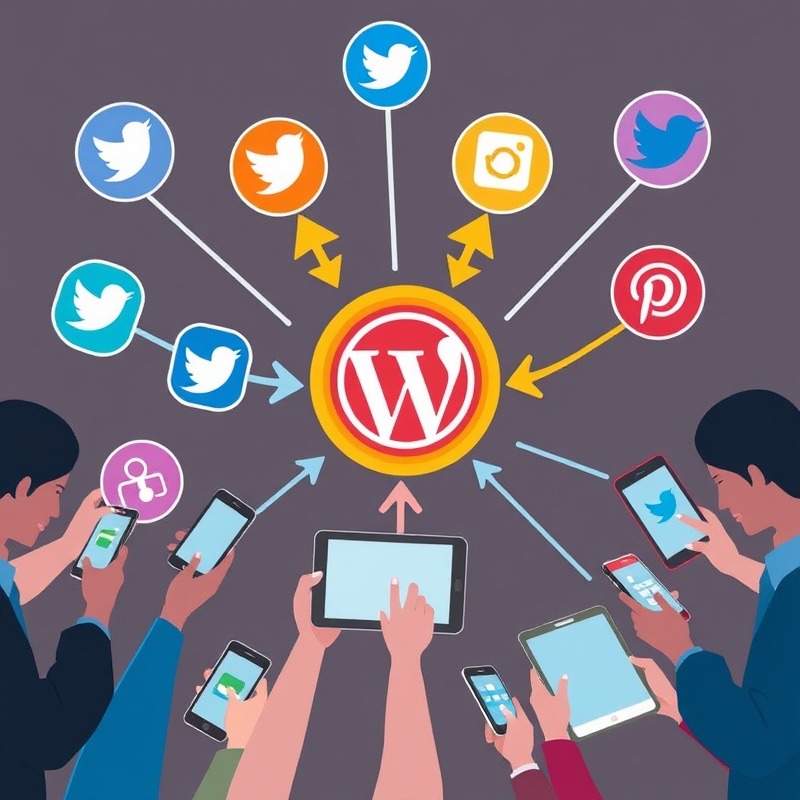 A diverse group of people using various social media platforms on smartphones and tablets, with arrows pointing from the devices to a central website icon, illustrating traffic flow from social media to a website.
