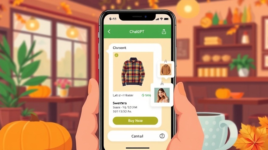 Vibrant illustration of a smartphone with ChatGPT and Shopify products in a cozy fall cafe.