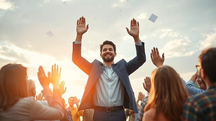 Triumphant entrepreneur high-fiving customers amidst positive reviews, overcoming scam emails.