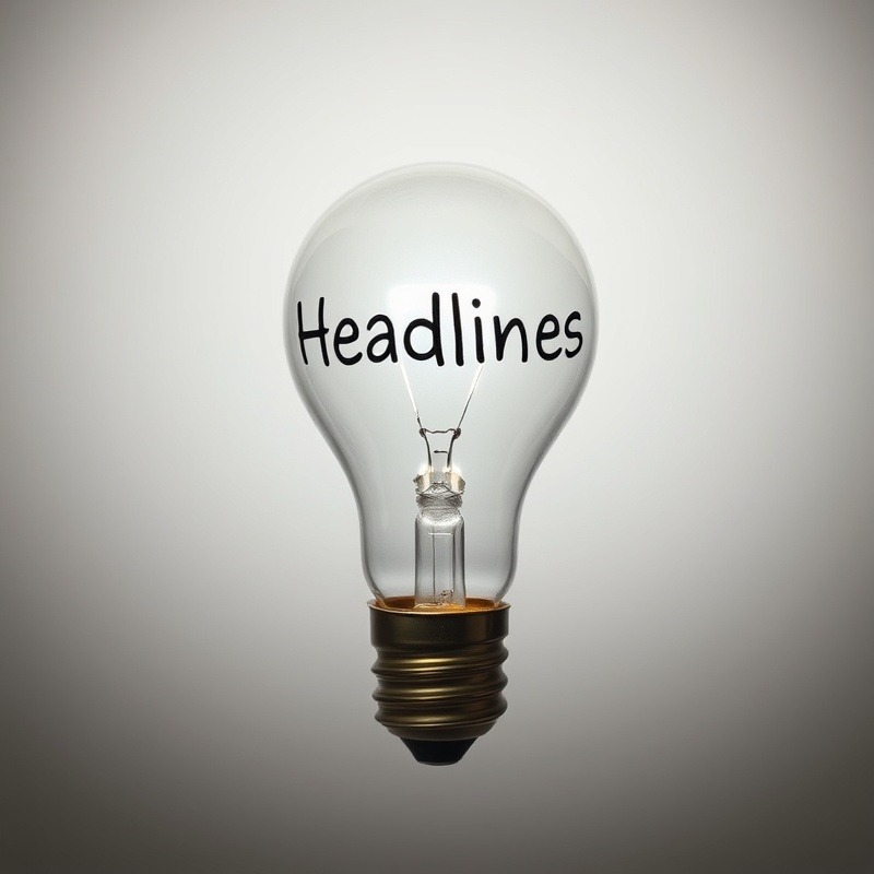 A single light bulb with the word "Headlines" written on it. The light bulb is switched on, emitting bright rays, symbolizing how good headlines illuminate and attract attention to content.