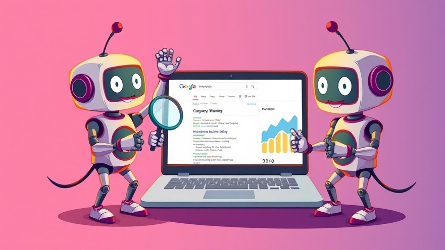 Cheerful cartoon robots collaborate in vibrant digital marketing scene.