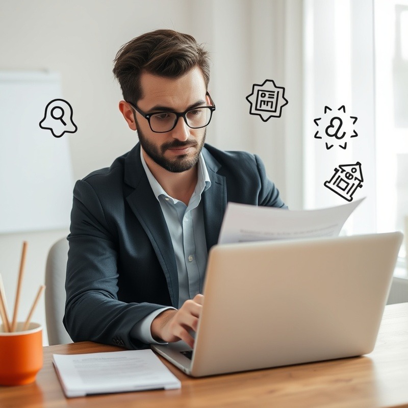 A copywriter crafting compelling copy on a laptop, with psychological effect symbols floating around them