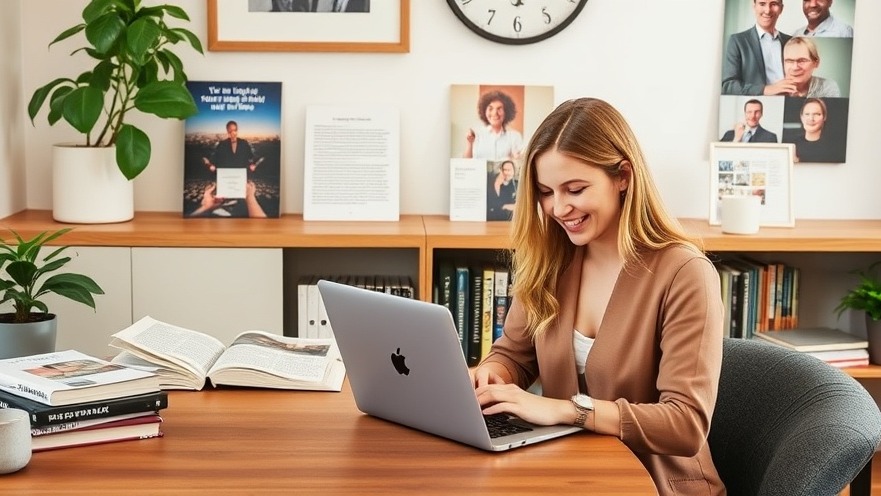 Marketer writing a blog on a laptop in a friendly workspace with storytelling books.