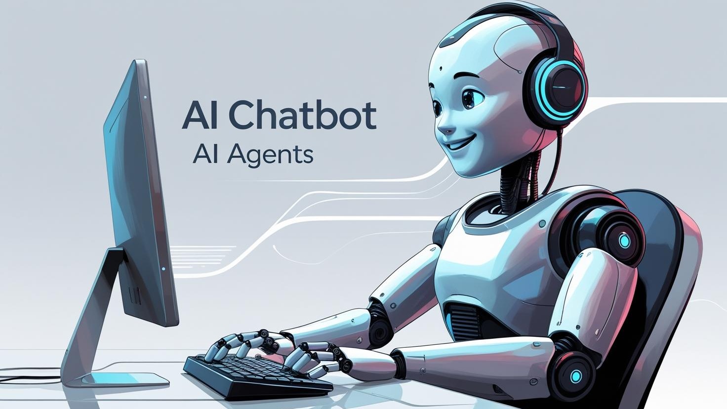 a simple image that has the word "AI Chatbot" and "AI Agents" with a robot sitting at a computer with a headset on while typing on a computer.
