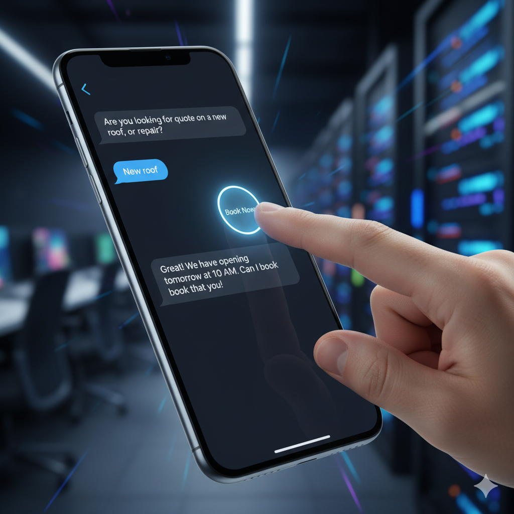 A close-up of a hand reaching out to tap a "Book Now" button on a sleek, conversational AI chatbot interface on a smartphone screen. Style: High-tech, bright, clear focus.