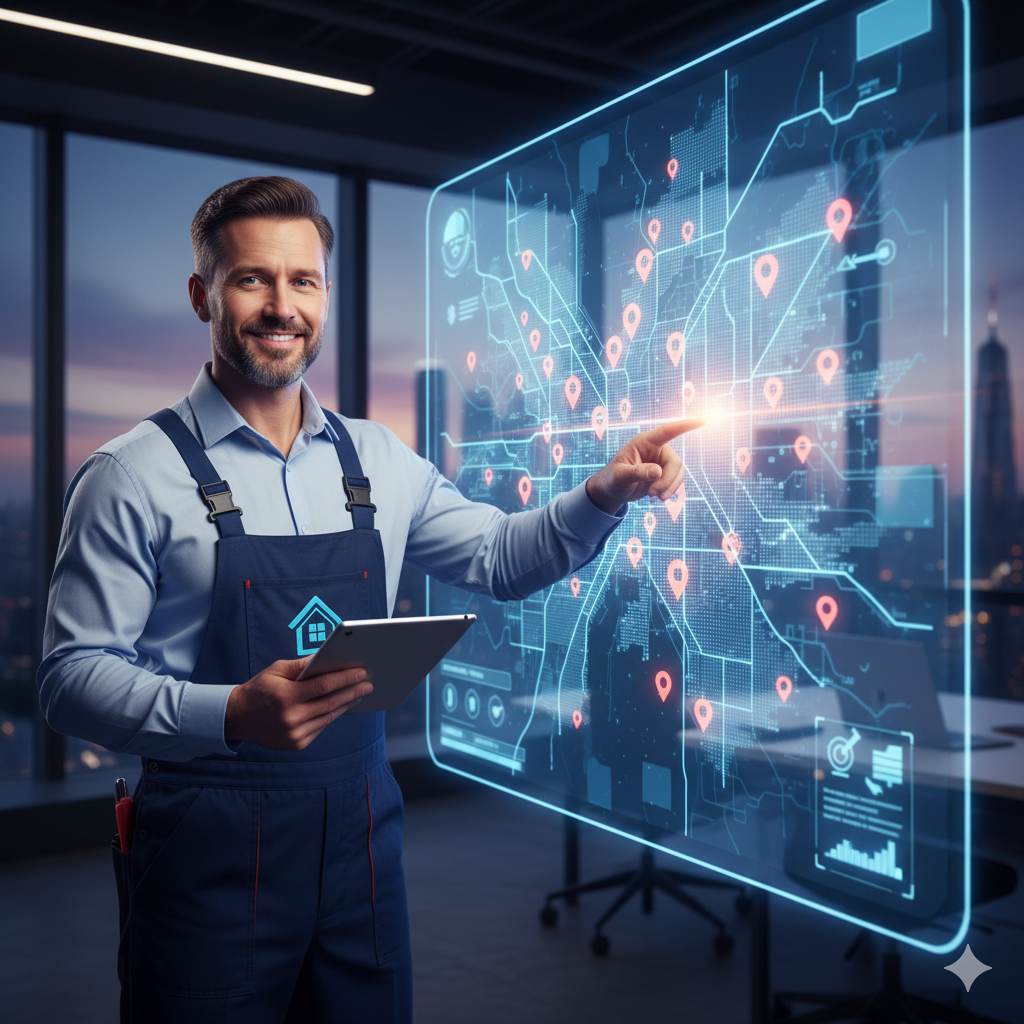 A confident, smiling small business owner (plumber or electrician) standing next to a sophisticated, illuminated digital map of a city showing lead pins. Style: Vibrant, modern, professional.