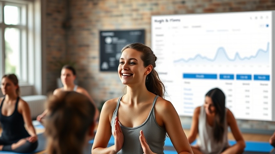 Yoga instructor engages students with high dwell time analytics visible.